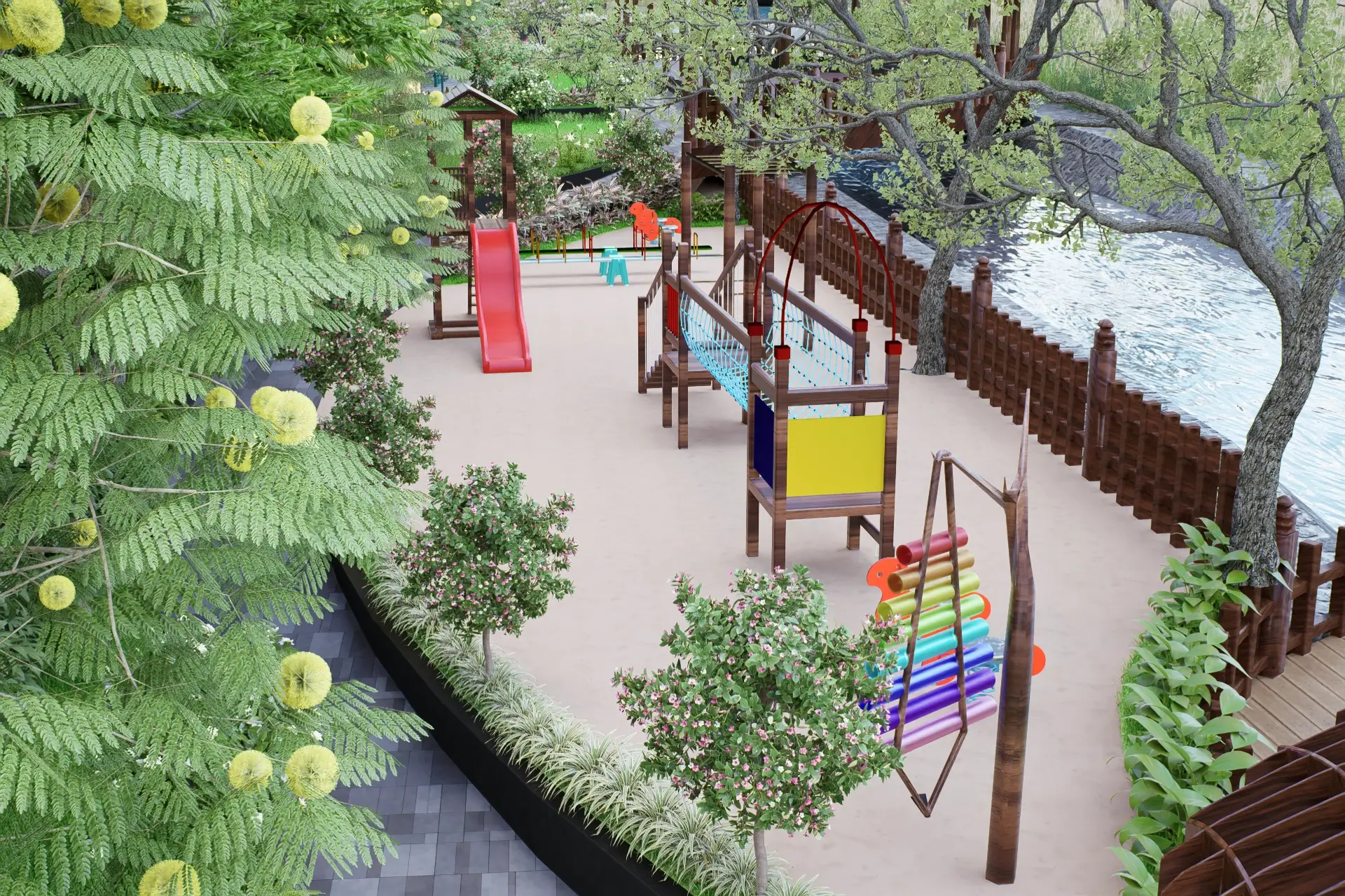 Children's play zone by the water at Vogue Estate
