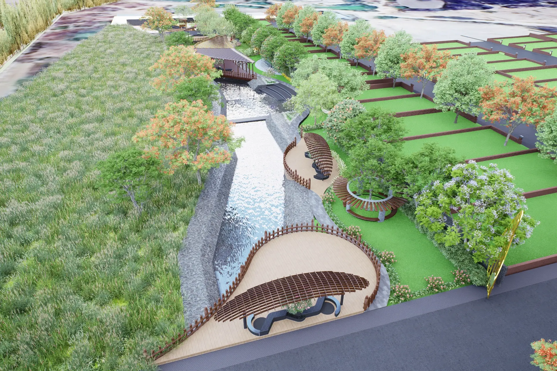 Aerial view of the water body and plots at Vogue Estate