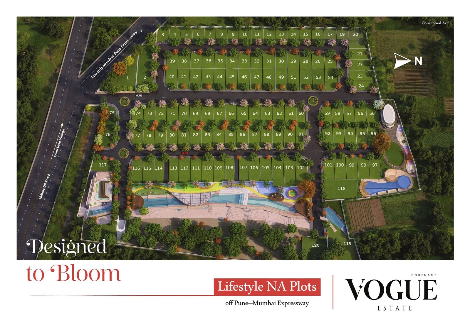 Vogue Estate site masterplan, aerial artistic impression showing 120 plots